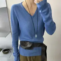 03087 V领细坑条软糯亲肤修身显瘦保暖百搭氛围感羊毛保暖毛衣
