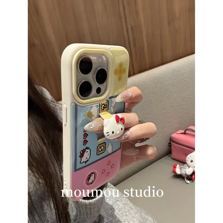 日韩卡通伸缩猫咪游戏机适用于iPhone16Promax手机壳苹果15女1413