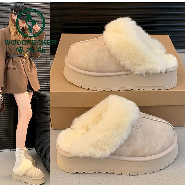啄木鸟2025新款东北雪地靴女皮毛一体加绒厚底保暖外穿包头半拖鞋