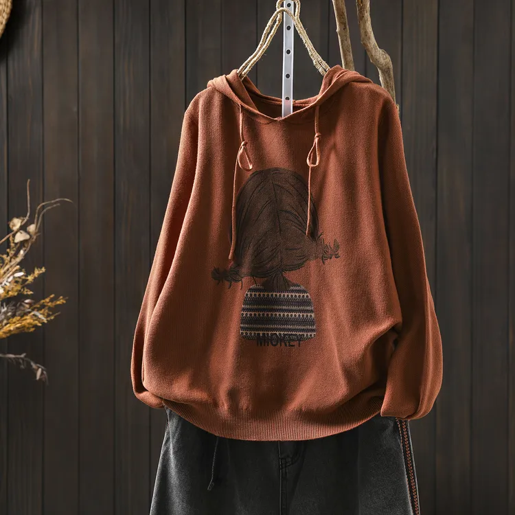 连帽针织衫女2025早秋新款洋气女孩印花宽松减龄休闲长袖百搭上衣