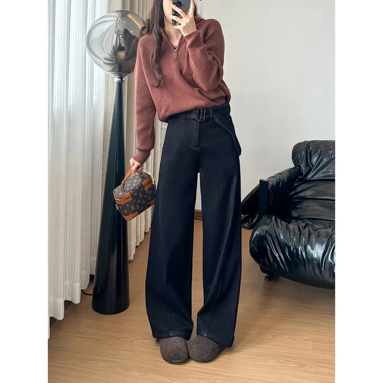 爆款2025新款冬款阔腿牛仔裤女款加绒显瘦防褪蓝色加腰带弯刀裤子