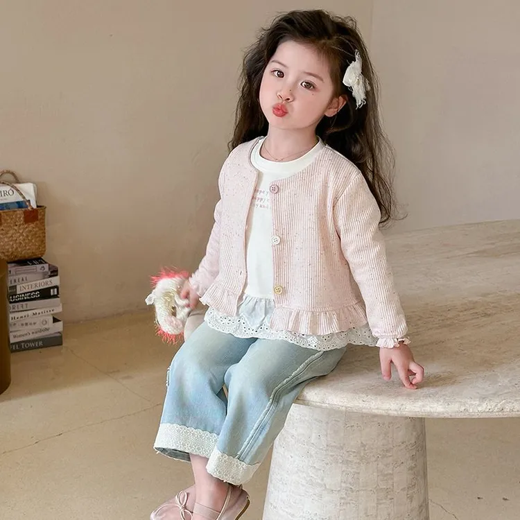 女童秋装套装2025新款女宝韩版针织开衫花边牛仔裤儿童洋气三件套