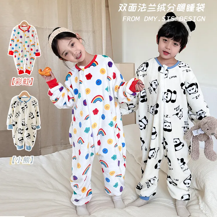 儿童连体睡衣秋冬法兰绒加绒加厚男女童宝宝珊瑚绒家居服防踢睡袋