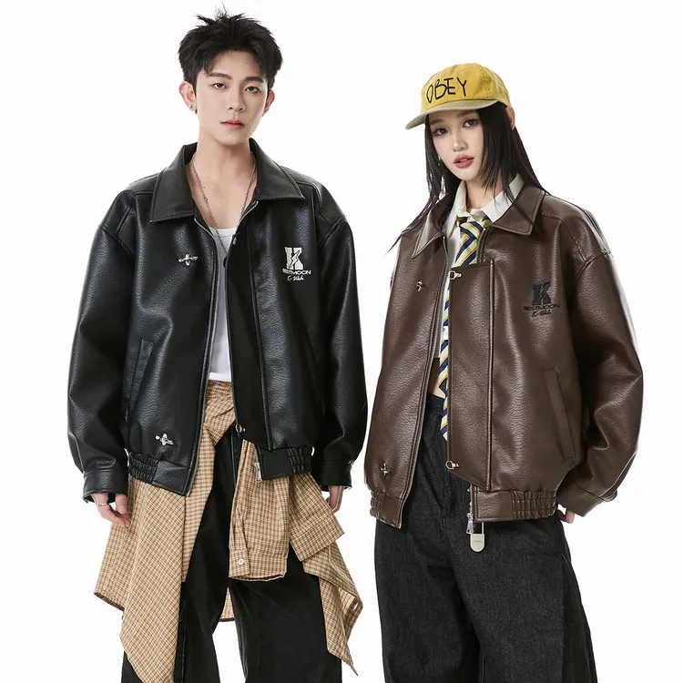 K•WEH字母刺绣飞机扣翻领皮衣美式痞帅男女夹克秋季潮流美式复古