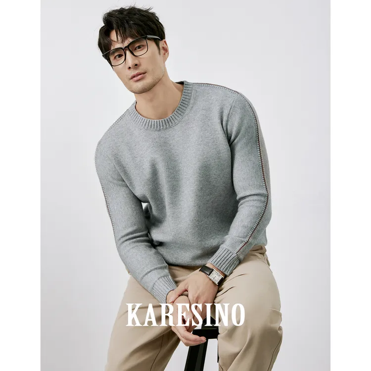 KARESINO秋冬重磅男士商务圆领针织线衣休闲纯色保暖毛衣男羊毛衫