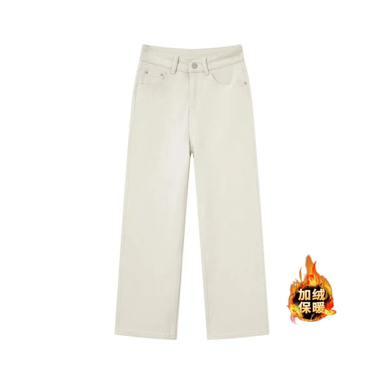 【秋冬新品】白茶花高定加绒白色时尚百搭显瘦高腰窄版直筒牛仔裤