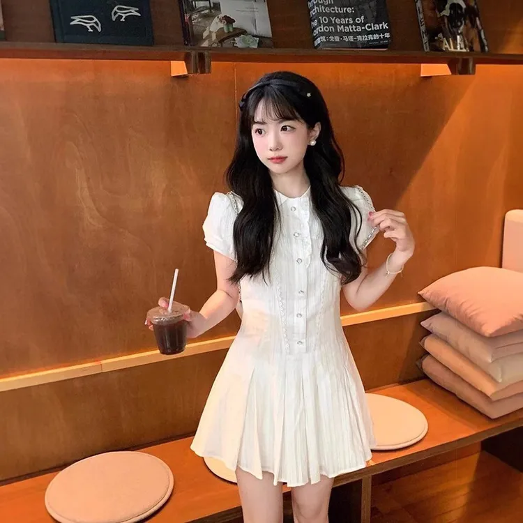 夏季小众等你下课系列黑白学院风白色连衣裙赫本风短袖衬衫裙通勤