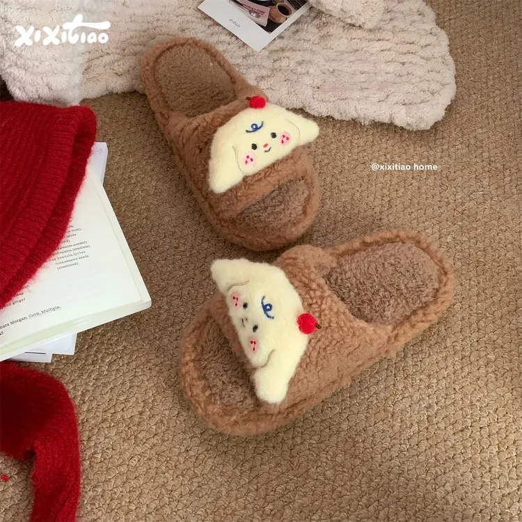 细细条 可爱樱桃小狗学生毛毛鞋秋冬情侣室内防滑羊羔毛棉拖鞋女