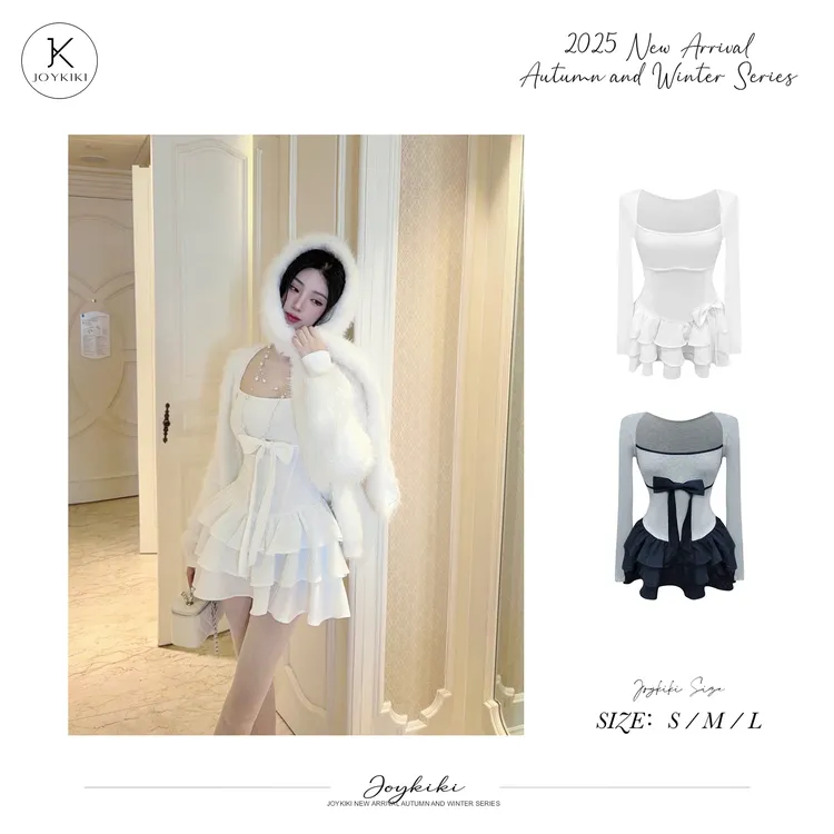 JOY KIKI金金【芭蕾舞1.0】长袖弹力拼接蓬蓬方领修身连衣裙J25D078