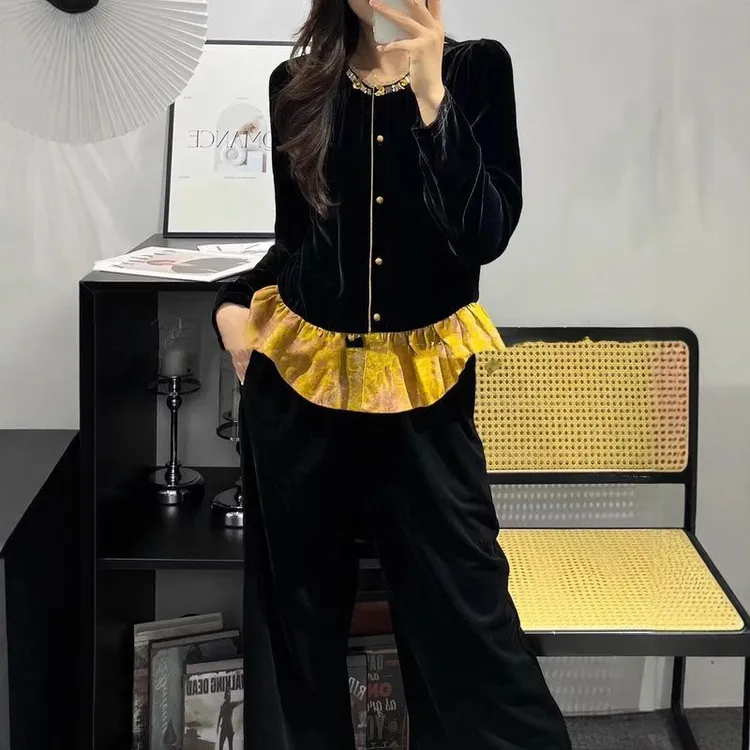 真丝丝绒领口重工钉珠下摆拼接烫金百搭显瘦尚外套0797510134