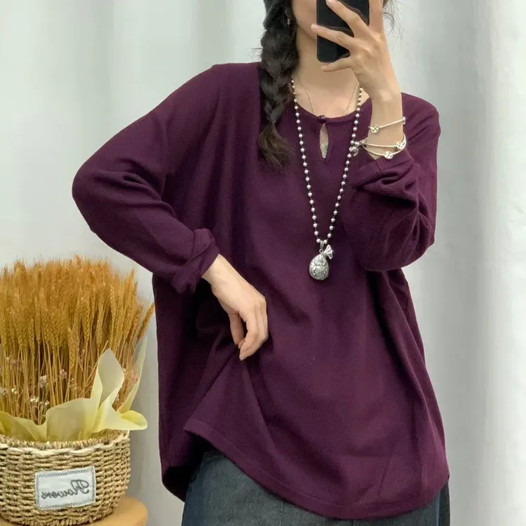 中长款长袖拼接宽松型V领常规T恤秋冬针织秋季百搭