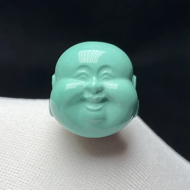 精品瓷高绿色弥勒佛首珠笑佛头散珠圆配珠背云雕刻珠百搭diy配饰