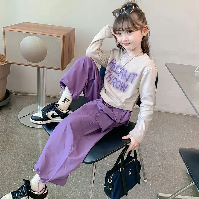 春秋新款女童洋气时髦字母上衣套装中大儿童女孩工装裤两件套