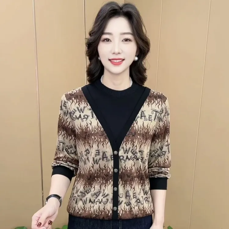 秋季新款时尚圆领假两件中老年气质妈妈装休闲百搭长袖上衣K6609