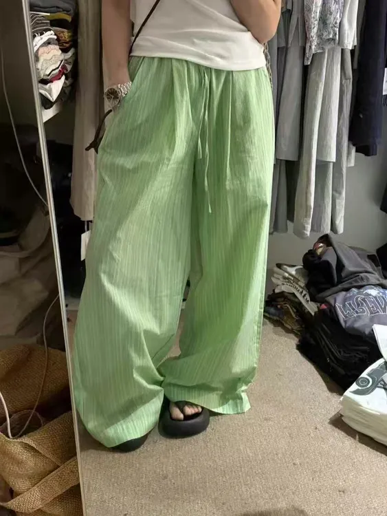 夏季爆款韩系绿色竖条纹松紧高腰直筒垂感抽绳休闲长裤
