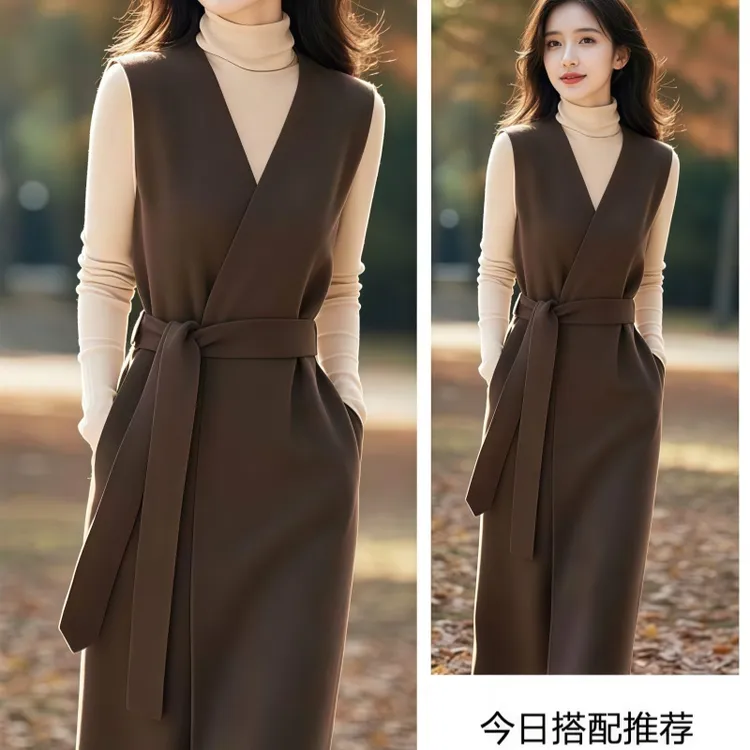 罗芬面料故事旗舰店女装秋法式V领长款背心连衣裙搭配针织打底衫