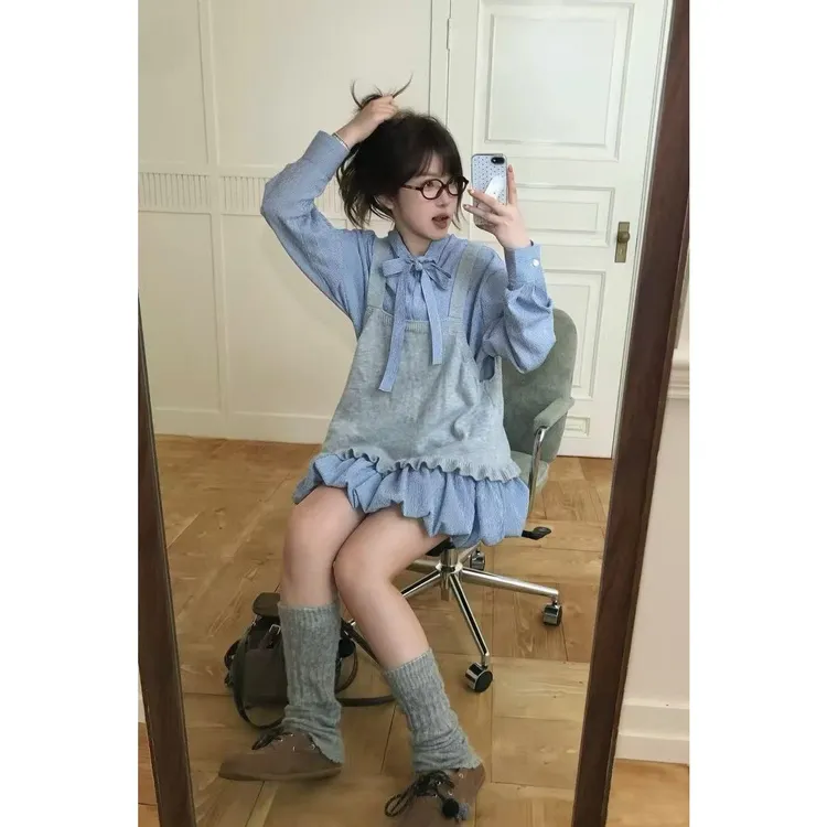 韩系复古格子蝴蝶结系带衬衫裙显瘦花苞裙女背心甜美套装秋季