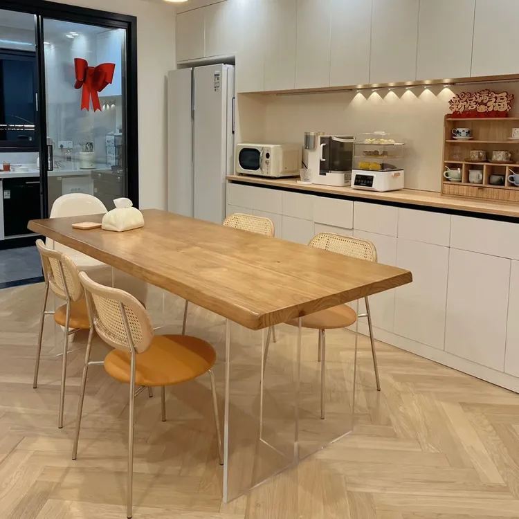 北欧实木餐桌家用小户型亚克力悬浮长条工作台书房简约靠墙电脑桌