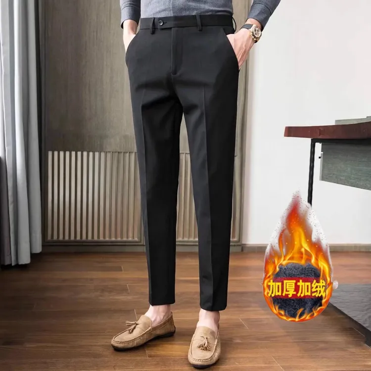 黑色通勤西裤秋冬季加绒加厚商务休闲裤男九分西裤秋冬百搭西装裤