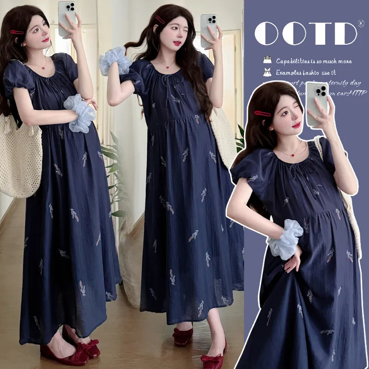 孕妇连衣裙夏天减龄气质宽松过膝长裙夏季洋气显白透气遮孕肚长裙