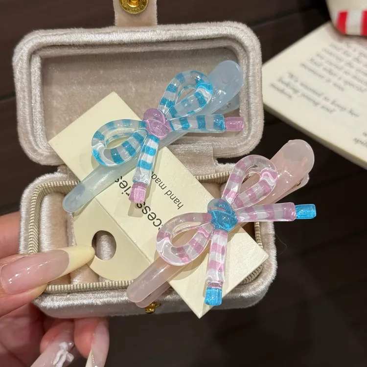 冰透蓝粉色蝴蝶结发夹小清新ins风高颜值甜美少女长夹一字夹发饰