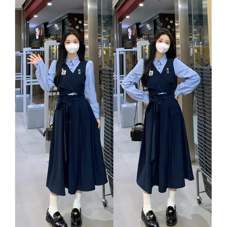 大码2025学院风长袖连衣裙女春季新款法式小个子教资面试穿搭长裙