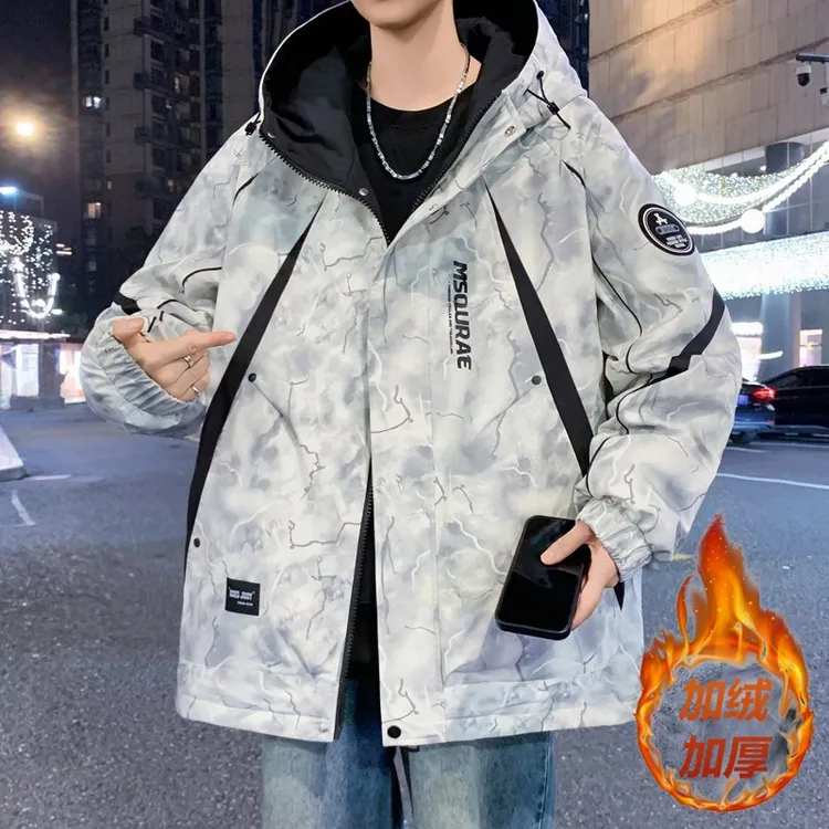 青少年冬季连帽男士夹克2025新款加绒加厚潮流港风学生休闲冲锋衣