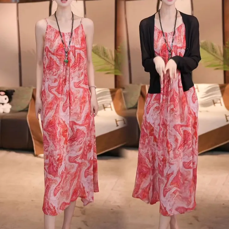 2025夏季新款时尚复古休闲套装裙气质女士开衫印花吊带裙两件套女