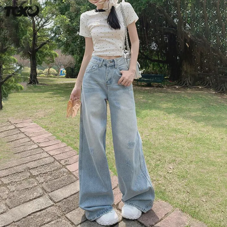 破洞牛仔裤女2024年新款秋冬高腰垂感复古小个子浅色宽松阔腿裤子