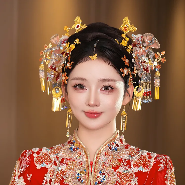 G373新娘头饰中国风金色复古扶摇流苏奢华结婚汉服晨袍秀禾发饰