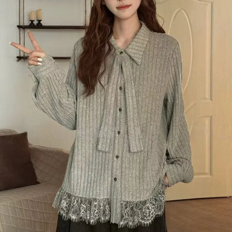 韩系时尚套装女衬衫秋季新款设计感洋气飘带拼接蕾丝长袖上衣
