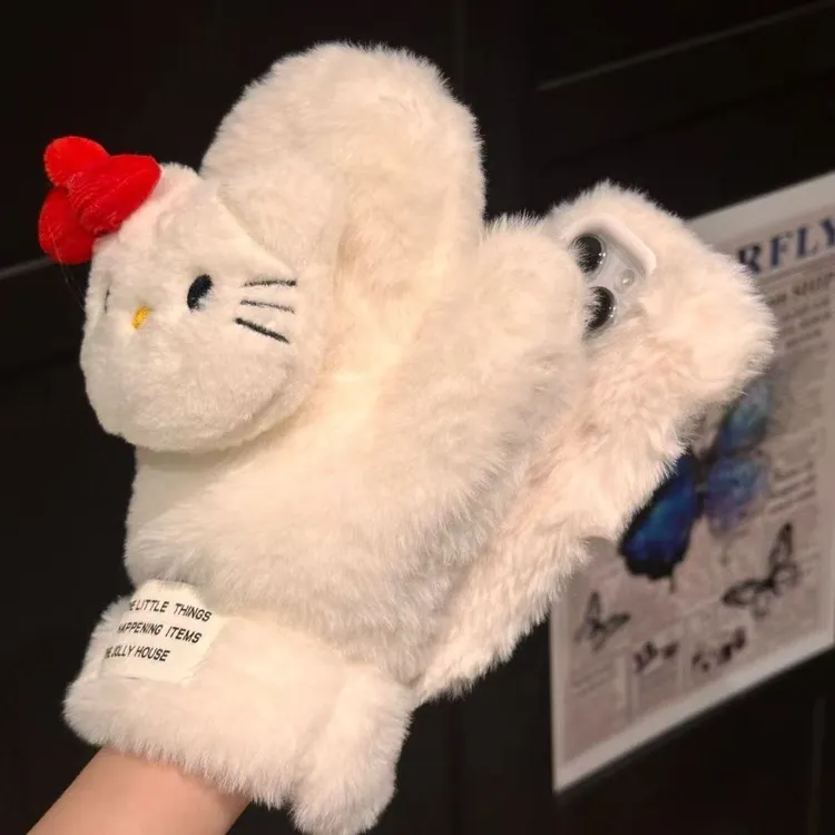 【甜星】适用于苹果13-16promax冬天毛绒绒保暖kt猫手套手机壳