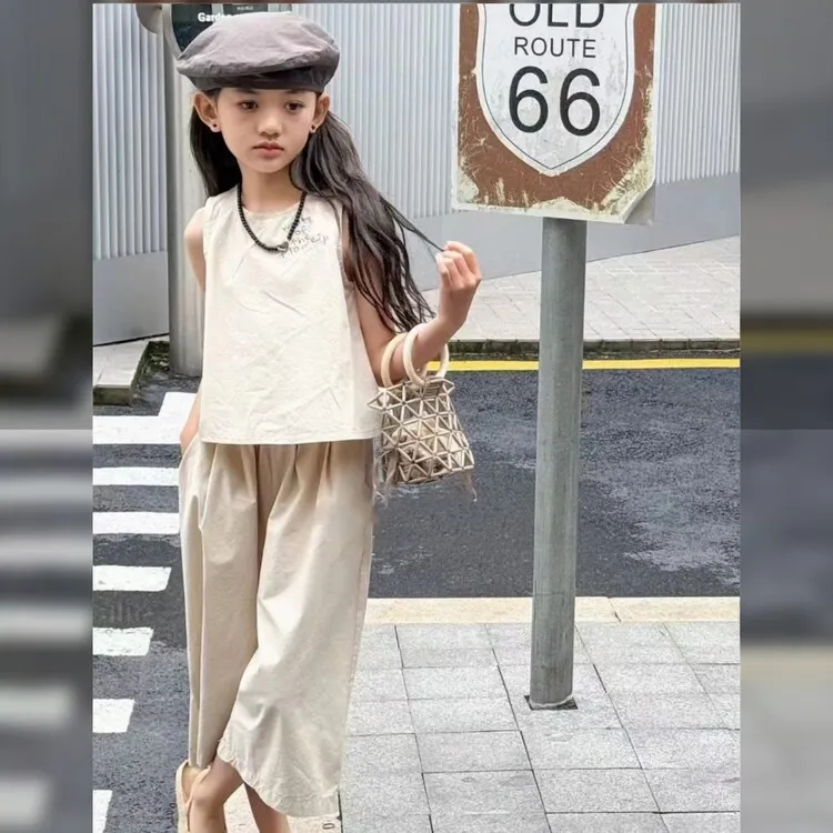 女童夏季套装2025新款洋气纯色时尚休闲两件套中大童6-12岁夏款潮