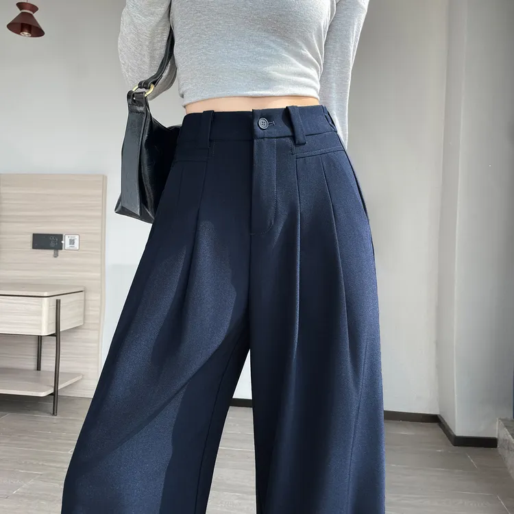 藏蓝色窄版阔腿裤女春秋季2025新款高腰垂感老钱风休闲直筒西装裤