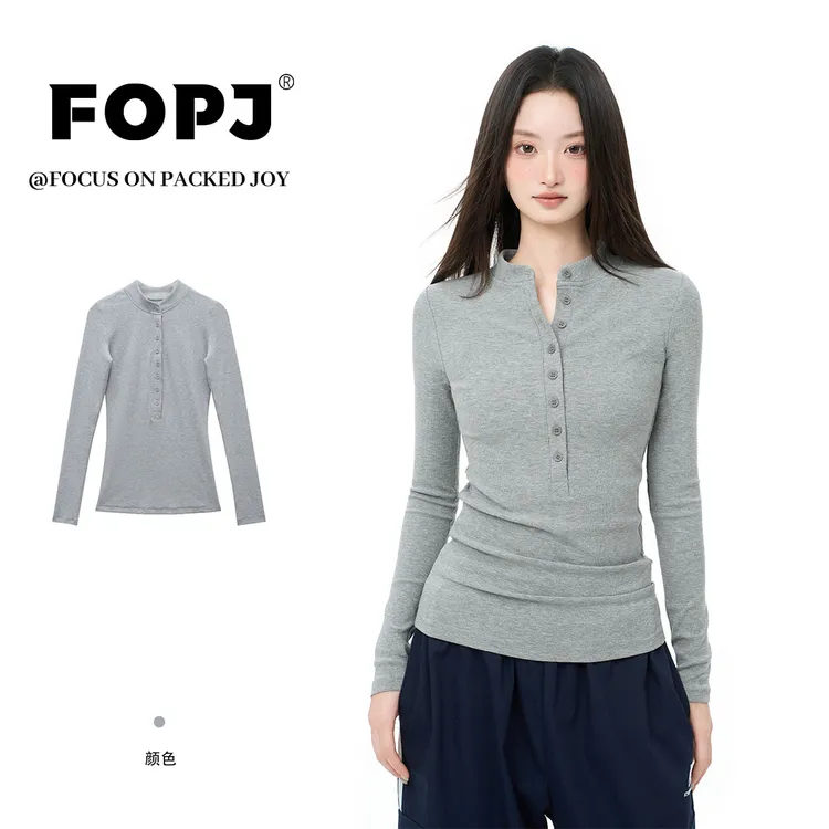 FOPJ美式纯欲风穿搭排扣内搭长袖t恤女秋冬季修身辣妹打底衫上衣