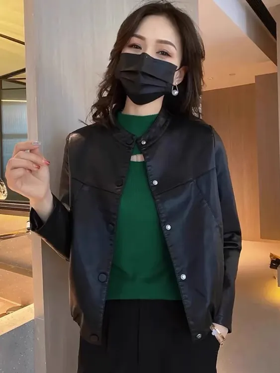 短款长袖通用春季标准纽扣皮衣气质网红翻领百搭韩版女装秋季休闲