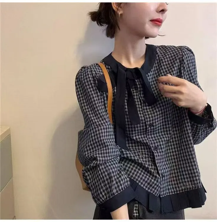 秋季格纹格子长袖衬衫显瘦千鸟格洋气小香风气质时尚百搭小众上衣
