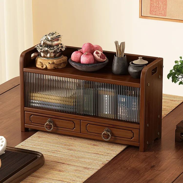 小型博古架台面茶叶置物架新中式紫砂壶摆放架亚克力门带抽展示架