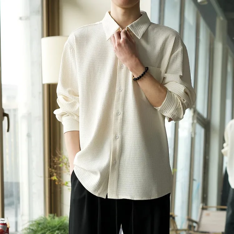 2024新款男士长袖衬衫秋季纯色华夫格寸衫潮流翻领休闲衬衣外套男