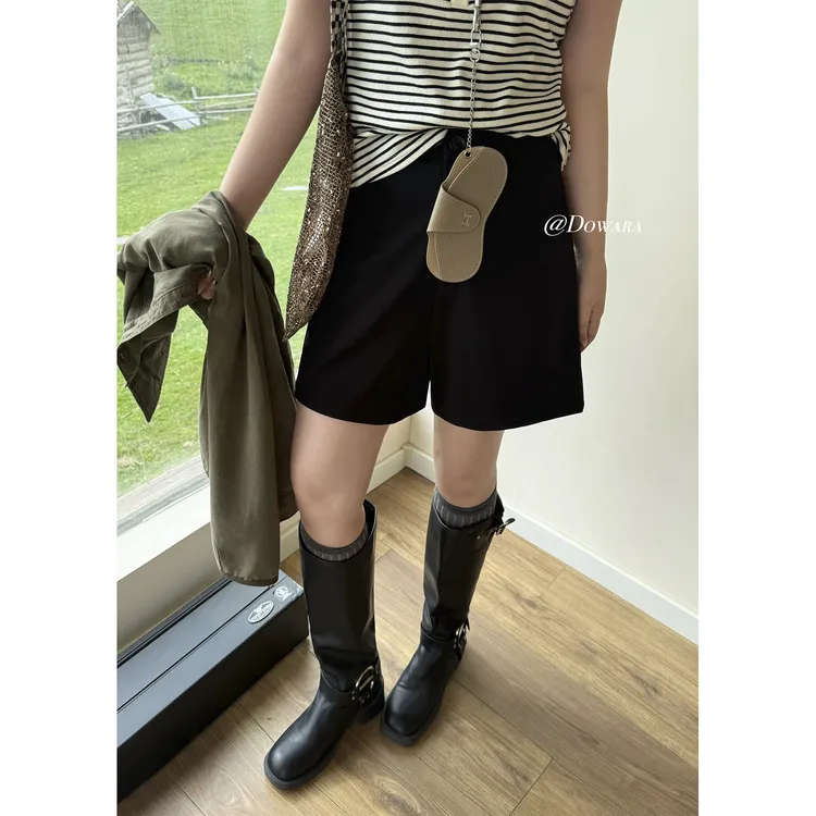 现货大婉酱微胖定制时尚a字休闲百搭直筒短裤早秋高腰阔腿裤9877D