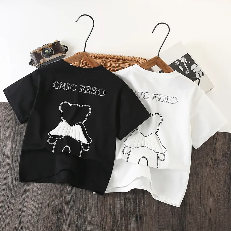 夏季男童翅膀短袖宽松印花休闲T恤中大童黑白色韩版夏装男女童装