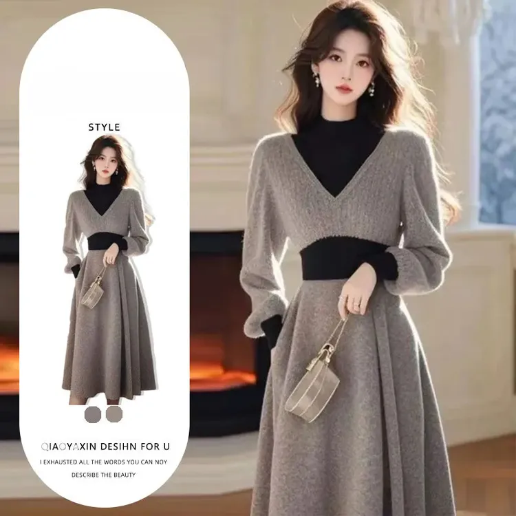 2025秋冬大码流行法式气质百搭掐腰连衣裙时尚拼接长款A字裙子