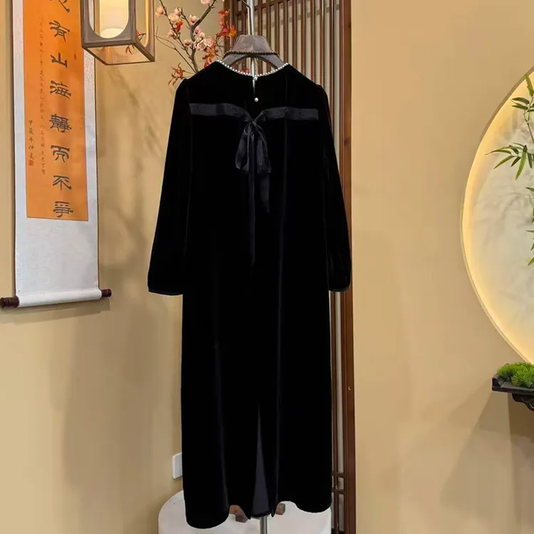 秋冬外穿打底丝绒裙拼接袖口中长款休闲大码连衣裙