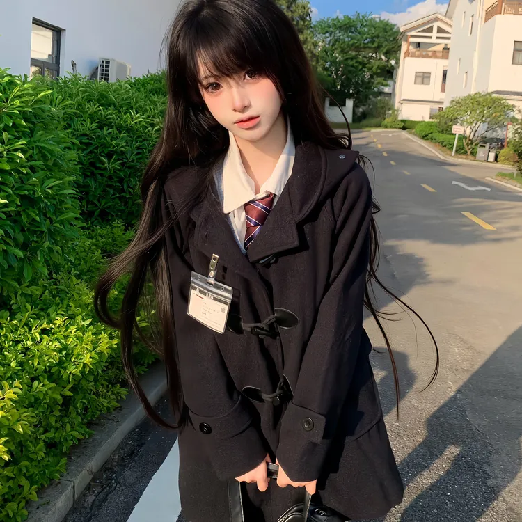 零度句号JK牛角扣大衣女冬季日系学院风夹棉加厚中长款毛呢外套女