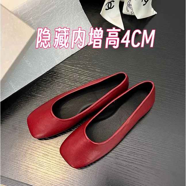 羊皮版~内增高红色方头浅口奶奶鞋玛丽珍单鞋平底鞋小众百搭女鞋