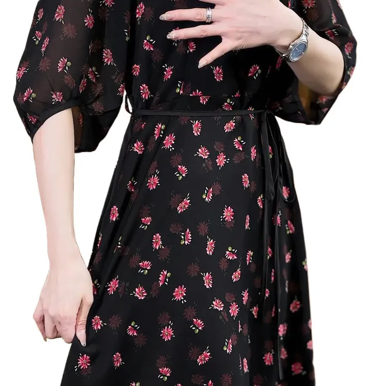 显瘦碎花时尚夏季收腰印花复古连衣裙中老年夏季2025新款薄款A字