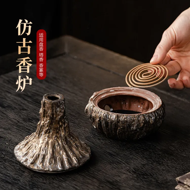 古风陶瓷香炉仿树桩创意摆件家用室内陶香炉古典薰盘香炉茶道摆件