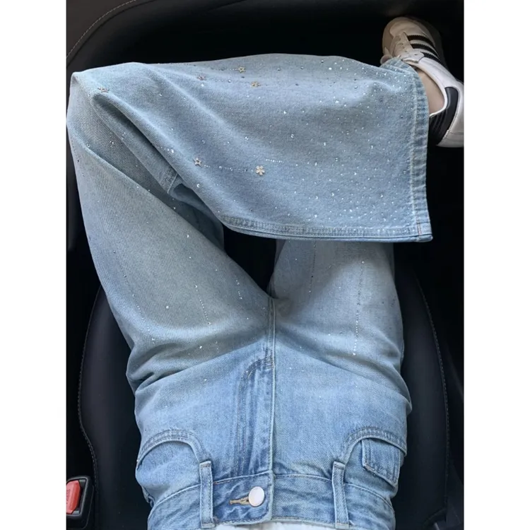 美式烫钻高腰直筒牛仔裤女春季2025新款浅蓝色宽松垂感阔腿长裤子