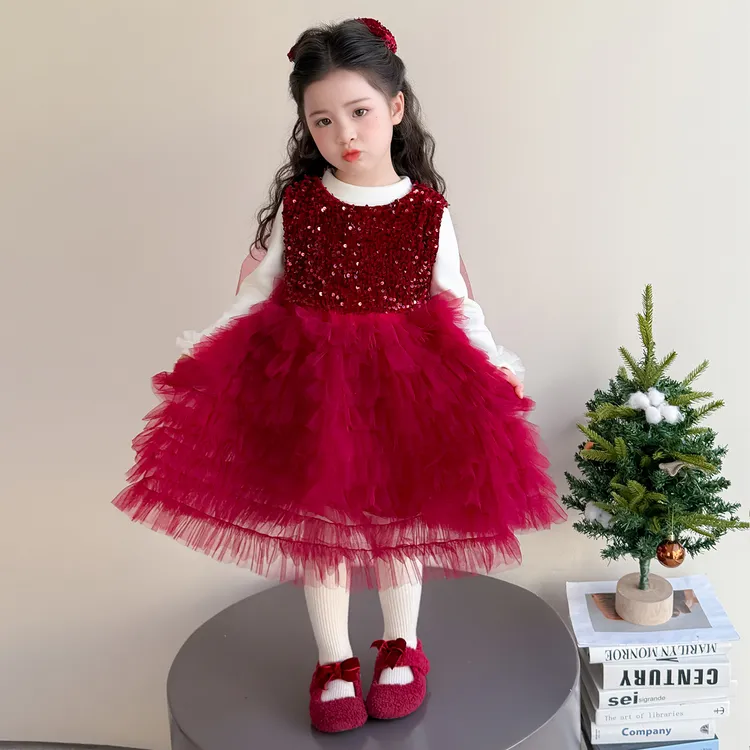 女孩礼服连衣裙儿童秋冬季加厚裙子2025新款女宝宝红色新年蛋糕裙