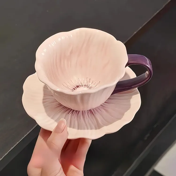 花朵咖啡杯轻奢设计感立体陶瓷杯女士马克杯子高颜值小众杯碟套具